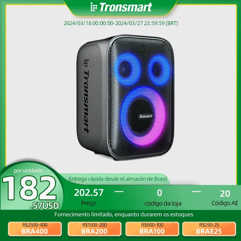 [ Do Brasil ] Caixa De Som Bluetooth Tronsmart Halo 200 120w Com Sistema De Som De 3 Vias, Custom Eq &Amp; Luzes Via App
